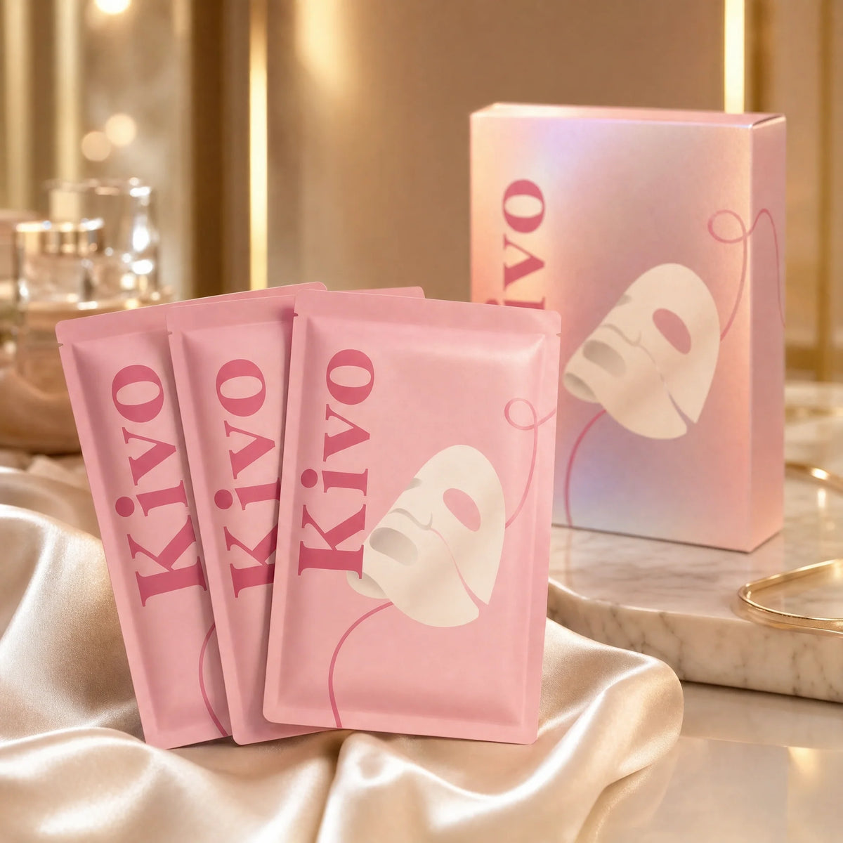 Sachets du masque Kivo au collagène sur un décor rose